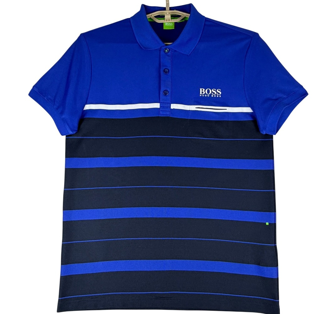 Hugo Boss Paule Pro 1 Polo Men's L Blue Black Stripe Slim Fit Moisture Manager